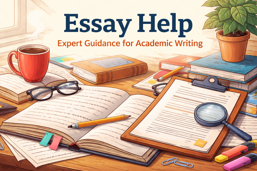 Essay help concept showing books, notebook, and academic writing materials for students seeking essay writing guidance